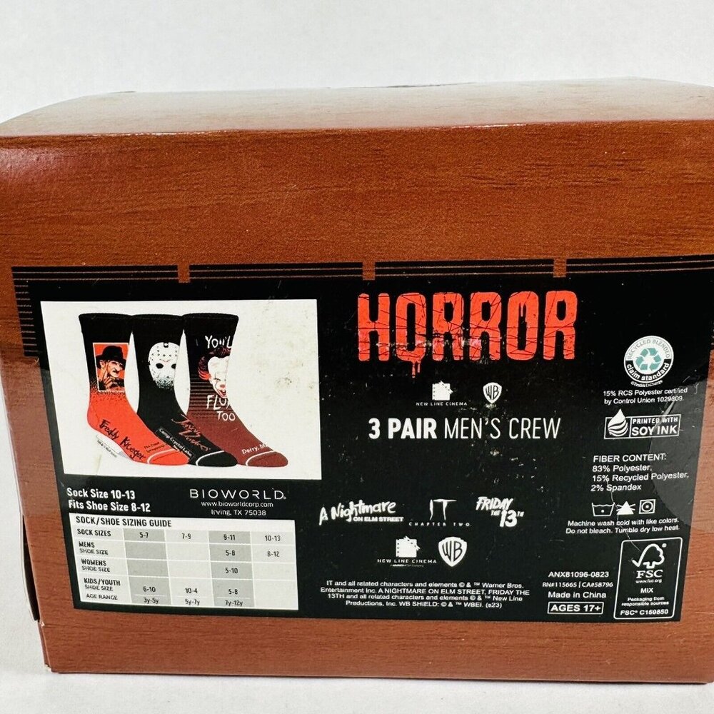 Horror Movies Mens 3-Pack of Crew Socks Freddy Jason Pennywise Shoe Sizes 8-12
